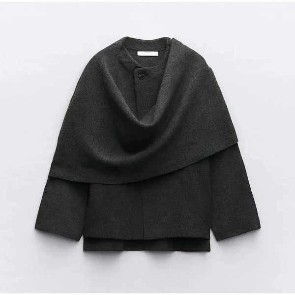 Winter Gray Knitted Cape Coats Scarf Women Outerwears Fashion Clothing Long Sleeve Jackets Elegant Chic Cloak Casual Coat Jacket