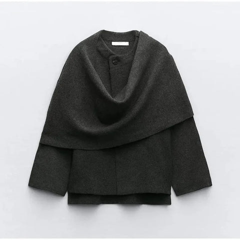 Winter Gray Knitted Cape Coats Scarf Women Outerwears Fashion Clothing Long Sleeve Jackets Elegant Chic Cloak Casual Coat Jacket