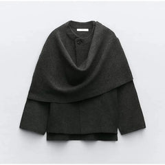 Winter Gray Knitted Cape Coats Scarf Women Outerwears Fashion Clothing Long Sleeve Jackets Elegant Chic Cloak Casual Coat Jacket