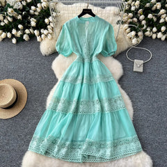 French Elegant Lace Embroidery Prom Midi Dress Women's V Neck Puff Sleeve High Waist Hollow Out Long Summer Sundress Clothing