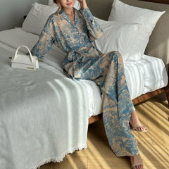 Print Flower 2PCS Pajamas Set Sleepwear French V-Neck Fashion Women's Clothing Loose Satin Wide Leg Pants Pijamas Suit Homewear