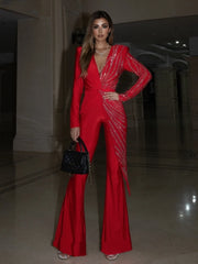 Sparkly Diamonds Design Long Sleeve Wide Leg Jumpsuit Elegant Evening Wear