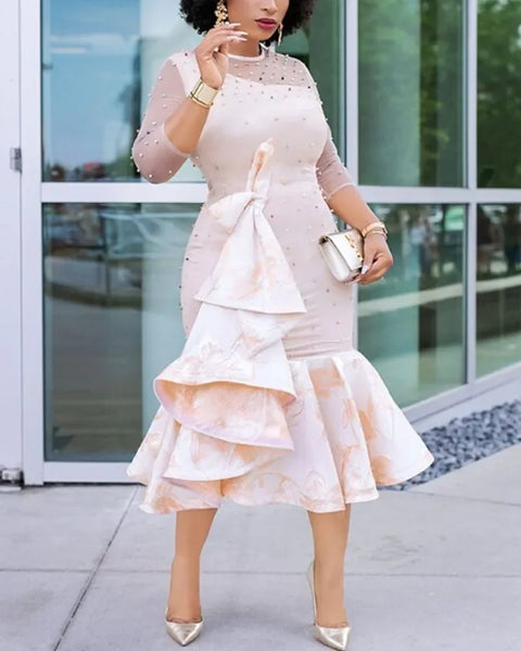 Elegant African Nail Beaded Mesh Sleeve Ruffles Robe  Femme Evening Party Dress