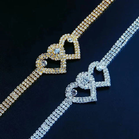 2 Heart Beats As One Rhinestone Ankle Bracelet – A sparkling symbol of love and unity.