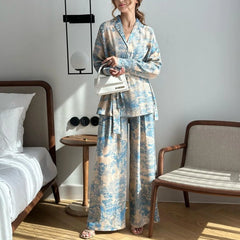 Print Flower 2PCS Pajamas Set Sleepwear French V-Neck Fashion Women's Clothing Loose Satin Wide Leg Pants Pijamas Suit Homewear