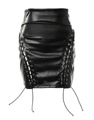 New High Waist Sexy Pu Leather Mesh Lace Up Tight Wrap Hip Half Mini Short Skirt