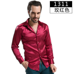 2024 Fashion Shiny Satin British Style Dress Shirt Luxury Ice Silk Long Sleeve Mens Casual Shirt Performance Clothing Wear Male