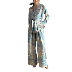 Print Flower 2PCS Pajamas Set Sleepwear French V-Neck Fashion Women's Clothing Loose Satin Wide Leg Pants Pijamas Suit Homewear