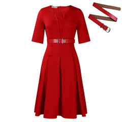 Elegant Office Dresses For Woman V Neck Half Sleeve High Waisted Belt Waisted Pleated Mid Calf Classy Modest Female Work Gowns