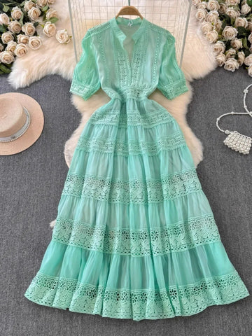 French Elegant Lace Embroidery Prom Midi Dress Women's V Neck Puff Sleeve High Waist Hollow Out Long Summer Sundress Clothing
