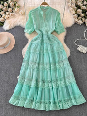 French Elegant Lace Embroidery Prom Midi Dress Women's V Neck Puff Sleeve High Waist Hollow Out Long Summer Sundress Clothing