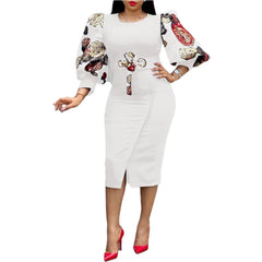 Women Elegant Bodycon Dresses O Neck Three Quater Sleeves High Waist Office Ladies Work Wear Package Hip African Fashion Spring