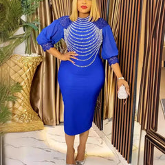 Elegant African Office Dresses Women O Neck Diamond Three Quarter Sleeve Sheath Package Hips Mid Calf Formal Business Work Dress