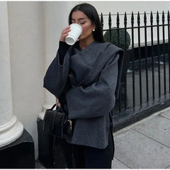 Winter Gray Knitted Cape Coats Scarf Women Outerwears Fashion Clothing Long Sleeve Jackets Elegant Chic Cloak Casual Coat Jacket