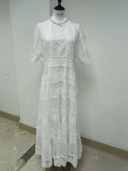 French Elegant Lace Embroidery Prom Midi Dress Women's V Neck Puff Sleeve High Waist Hollow Out Long Summer Sundress Clothing