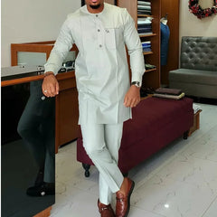 African men Wedding Beaded Long-sleeved Top Pants Set Kaftan Traditional Clothing Ethnic Casual Men's 2Pcs Suit