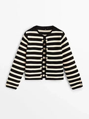 Spanish MD European and American women's clothing 2024 Spring and Autumn new style casual classic striped knitted top cardigan