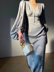 Summer Vintage New Elegant Printing Mermaid Dresses French Chic Long Sleeve V-neck Slim Lady Robe