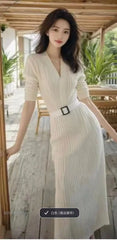 Red Knitted Dress New Autumn Temperament Senior Sense of Waist Long Dress French Skirt Women's Clothing