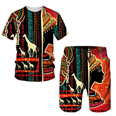 African Men 2 Piece Outfit Ethnic Style Dashiki Shirts Short Sleeve Tee
