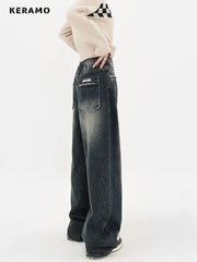 Harajuku Streetwear Retro Fashion Women High Waist Jeans Wide Leg Straight Denim Trousers Y2K Baggy Pants
