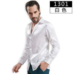 2024 Fashion Shiny Satin British Style Dress Shirt Luxury Ice Silk Long Sleeve Mens Casual Shirt Performance Clothing Wear Male