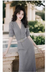 Red Knitted Dress New Autumn Temperament Senior Sense of Waist Long Dress French Skirt Women's Clothing