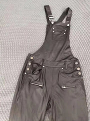 Women's Shoulder Strap Square Neck Pu Leather Buckle Zipper Sexy Tight Fitting Jumpsuit
