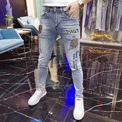 High-end European Korean Men's Slim Fit Jeans with Tiger Diamond Print for Casual Wear Spring Autumn Stretch Luxury Clothing Men