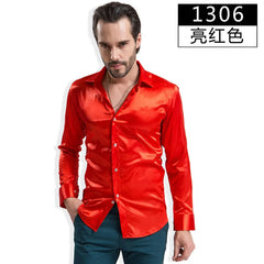 2024 Fashion Shiny Satin British Style Dress Shirt Luxury Ice Silk Long Sleeve Mens Casual Shirt Performance Clothing Wear Male