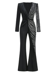 Sparkly Diamonds Design Long Sleeve Wide Leg Jumpsuit Elegant Evening Wear