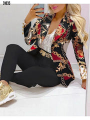 Elegant Two Piece Fashion Print Casual Pants Suits Outfit