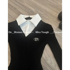 Autumn American Vintage Shirt Pleated Dresses Women Clothing Slim Fit Polo Neck Long Sleeve Wool Black Short Party Dress Korean