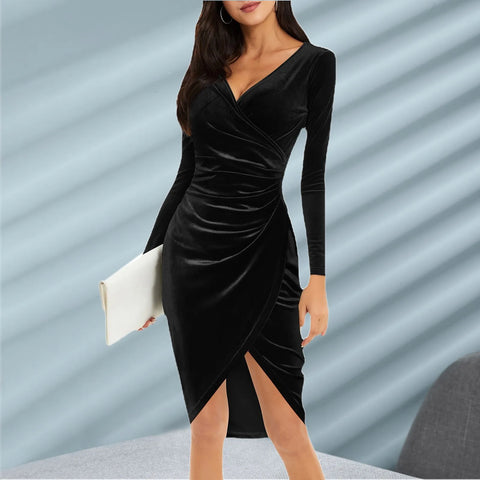 Cross border women's clothing, European and American gold velvet wrap buttocks dress, medium length cross sexy V-neck elegant co