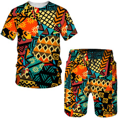 African Men 2 Piece Outfit Ethnic Style Dashiki Shirts Short Sleeve Tee