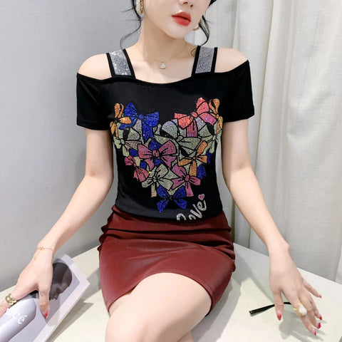 Summer European Clothing T-shirt Female New Short Sleeve Tops Shirt Fashion Butterfly Diamonds Mesh Tees Women Slim T-Shirt