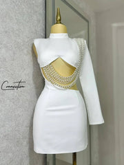 Stylish O-neck Mini Dress Summer Pearl String Sexy Street Night Party Vestidos