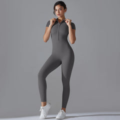 Women's Jumpsuits One-Piece Suit Zipper Short Sleeve Gym Workout Clothes Fitness Bodysuit