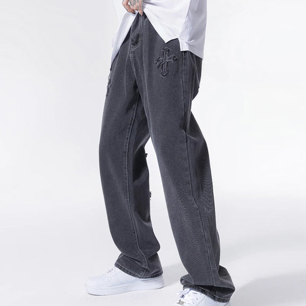 Men's clothing # American vibe style yellow mud dyed cross jeans men's ins embroidered high street wide leg long pants