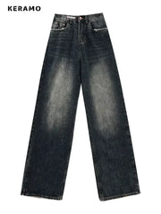 Harajuku Streetwear Retro Fashion Women High Waist Jeans Wide Leg Straight Denim Trousers Y2K Baggy Pants