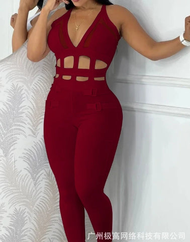 New Summer Fashionable Hollow Camisole Buckle Comparison Mesh Tight Jumpsuit