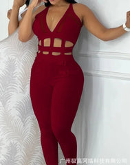 New Summer Fashionable Hollow Camisole Buckle Comparison Mesh Tight Jumpsuit