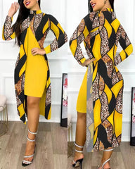 Elegant A Line Two Piece Print Dresses Full Sleeve Split Cardigan Half High Collar Dress