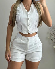 Leisure Fashion Cross Collar Button Zipper Design Shorts set