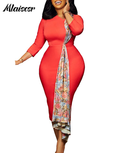 Mlaiscsr Chic Print Patchwork High Waist 3/4 Sleeve Bodycon Midi Dress Women Elegant Office Work Birthday Evening Party Vestidos