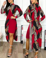 Elegant A Line Two Piece Print Dresses Full Sleeve Split Cardigan Half High Collar Dress