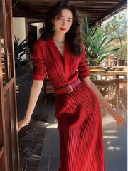 Red Knitted Dress New Autumn Temperament Senior Sense of Waist Long Dress French Skirt Women's Clothing