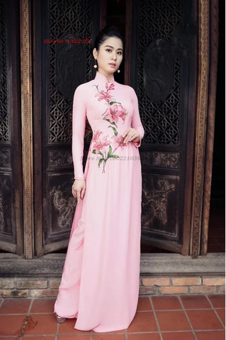 Traditional Aodai National Dress+Pants Set Flower Print Qipao Oriental Party evening vestido