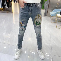 High-end European Korean Men's Slim Fit Jeans with Tiger Diamond Print for Casual Wear Spring Autumn Stretch Luxury Clothing Men
