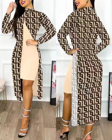 Elegant A Line Two Piece Print Dresses Full Sleeve Split Cardigan Half High Collar Dress